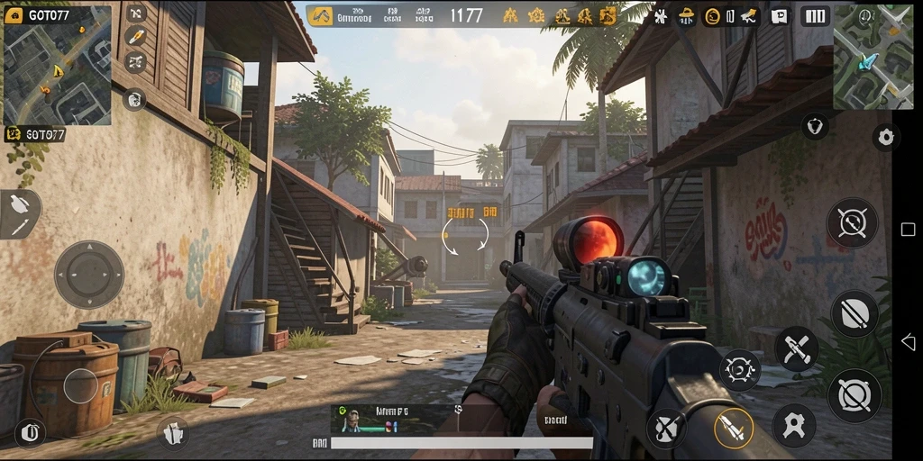 Screenshot GOTO77 menunjukkan aksi menembak yang seru di arena pertarungan.